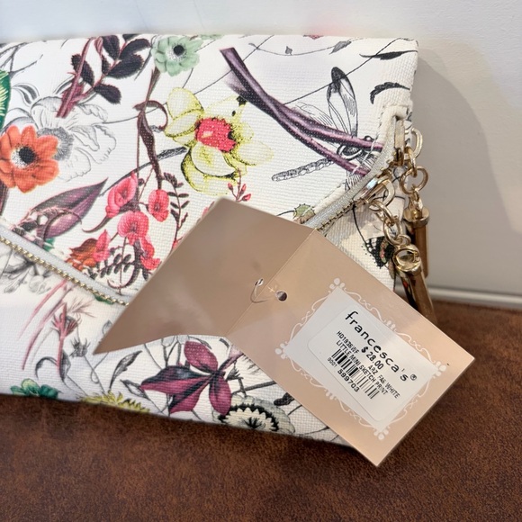NWT Francesca's Romantic Floral Envelope Clutch Bag Gold Chain Chic Elegant - Picture 7 of 9